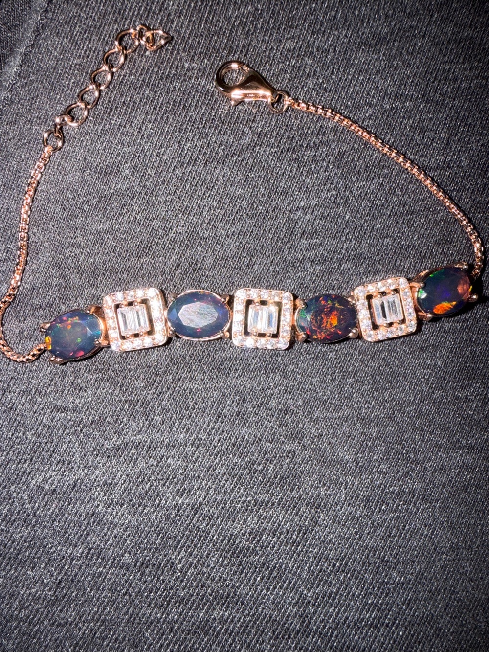 Natural Black Opal and Rose Gold Curb Link Bracelet with Accents - Black Opal